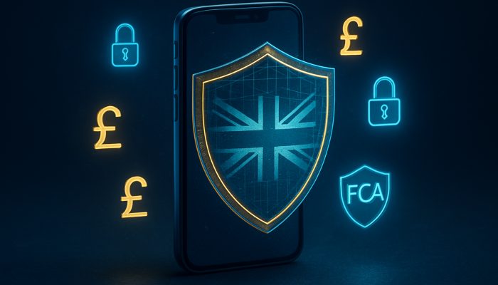 Digital shield protecting UK smartphone banking apps with FCA emblem, encryption locks, and pound symbols in blue and gold.