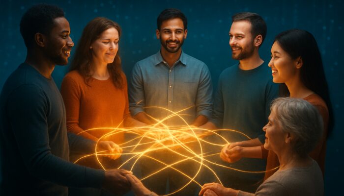 Diverse individuals united in a vibrant community circle connected by luminous threads of shared values and loyalty.