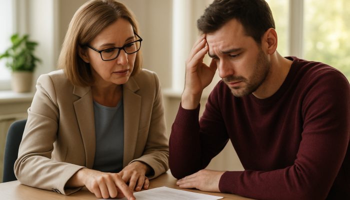Individual reviewing financial documents with a credit union advisor in a bright office environment.