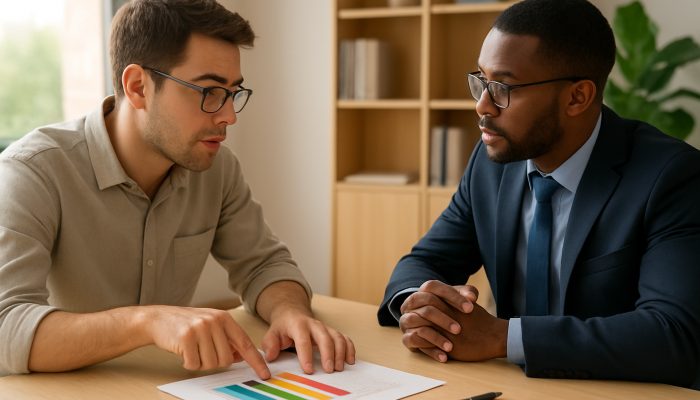 Borrower discussing a colourful debt interest rate chart while negotiating repayment with an advisor in a sunlit office.