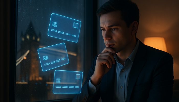 A young professional evaluating holographic credit cards in a London apartment with a view of Big Ben at night.