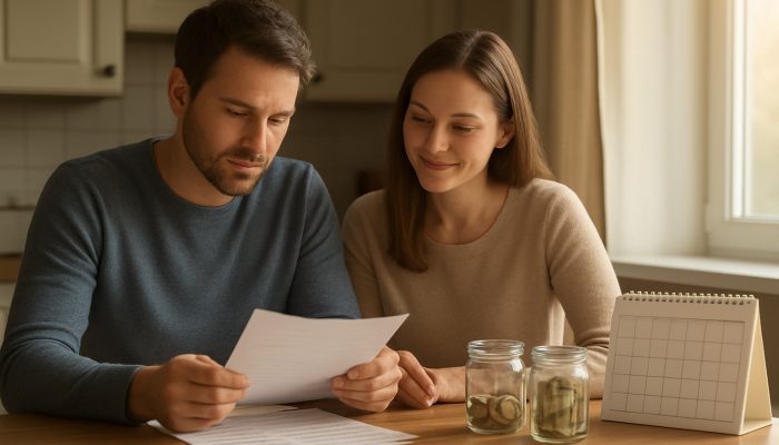 A British couple reviewing loan documents at their kitchen table, surrounded by a debt-free calendar and savings jars in the morning light.