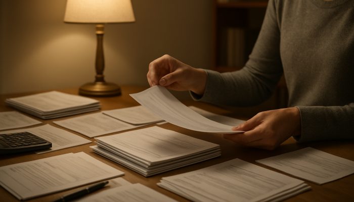 Individual sorting payslips and bank statements on a cluttered desk under lamplight in home office.