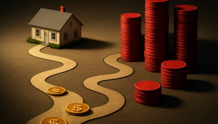 Suburban house depicted on a timeline comparing a short low-interest mortgage path with a long path laden with red stacks of interest.