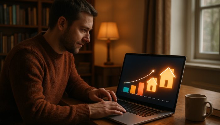 Homeowner analysing vibrant UK mortgage calculator charts comparing interest totals on a laptop in a cosy study.