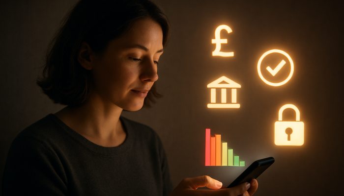 Blocking Apps and Sites During a Debt Plan: Essential Advice | DCL Individual examining smartphone with UK debt management apps, banking links, and vibrant spending graphs illustrating financial freedom.