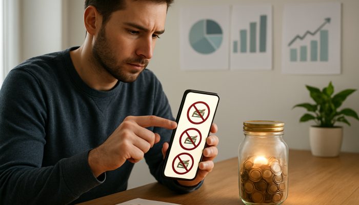 Blocking Apps and Sites During a Debt Plan: Essential Advice | DCL Diligent person configures mobile app to block retail sites near a glowing savings jar and debt charts