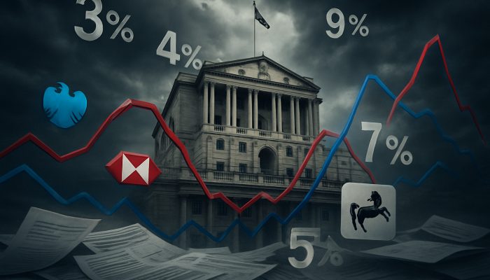 Working out Breakeven Points on New Credit: Practical Tips | DCL Bank of England amid swirling 3-10% rate graphs, UK bank logos over mortgage documents in stormy skies.