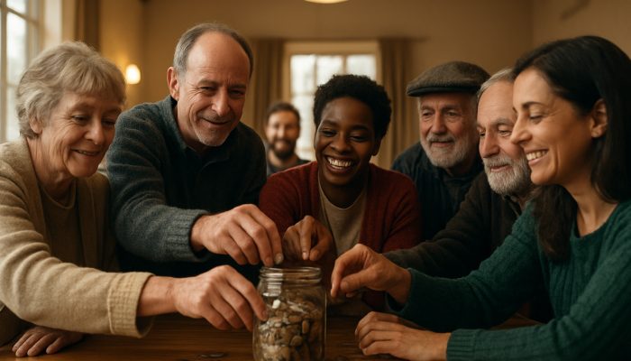 Building Buffers to Absorb Future Shocks: Practical Tips | DCL Diverse Welsh villagers pooling coins at credit union savings meeting in cozy hall.